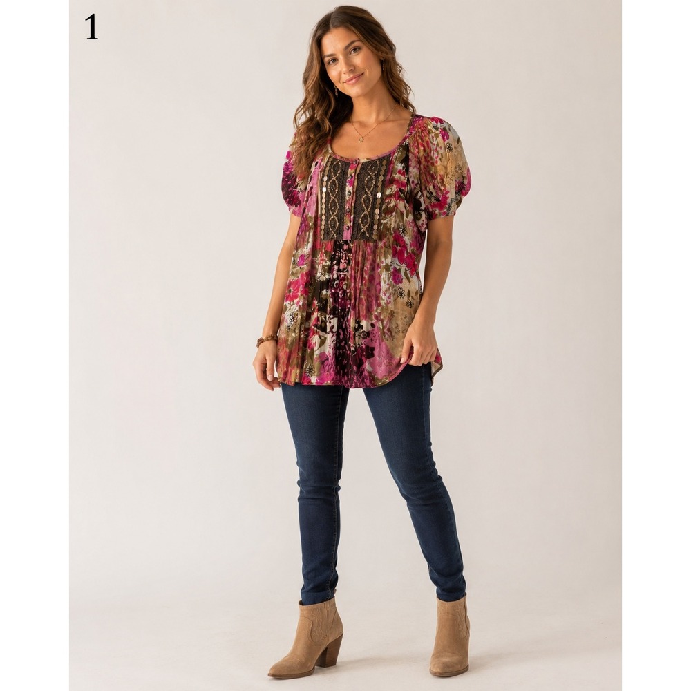 Vintage Y2K Dressbarn Top Womens Medium Rayon Floral Hippie‎ Boho Romantic